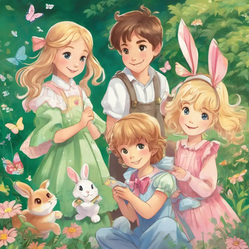 Lily: A cheerful girl with brown hair and blue eyes, Leo: A playful boy with blonde hair and green eyes, and Ruby: A mischievous rabbit with white fur and pink eyes in a garden with a picture of five butterflies