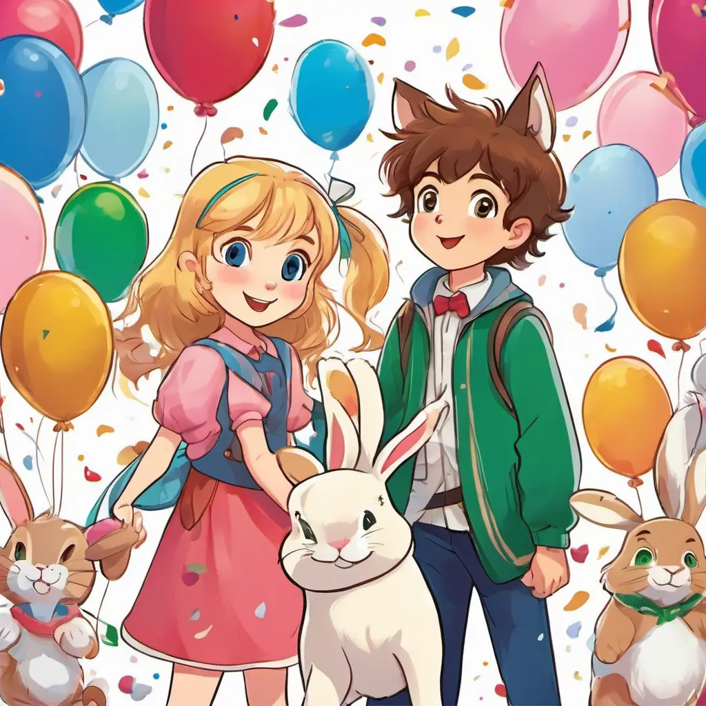 Lily: A cheerful girl with brown hair and blue eyes, Leo: A playful boy with blonde hair and green eyes, and Ruby: A mischievous rabbit with white fur and pink eyes celebrating with balloons and confetti