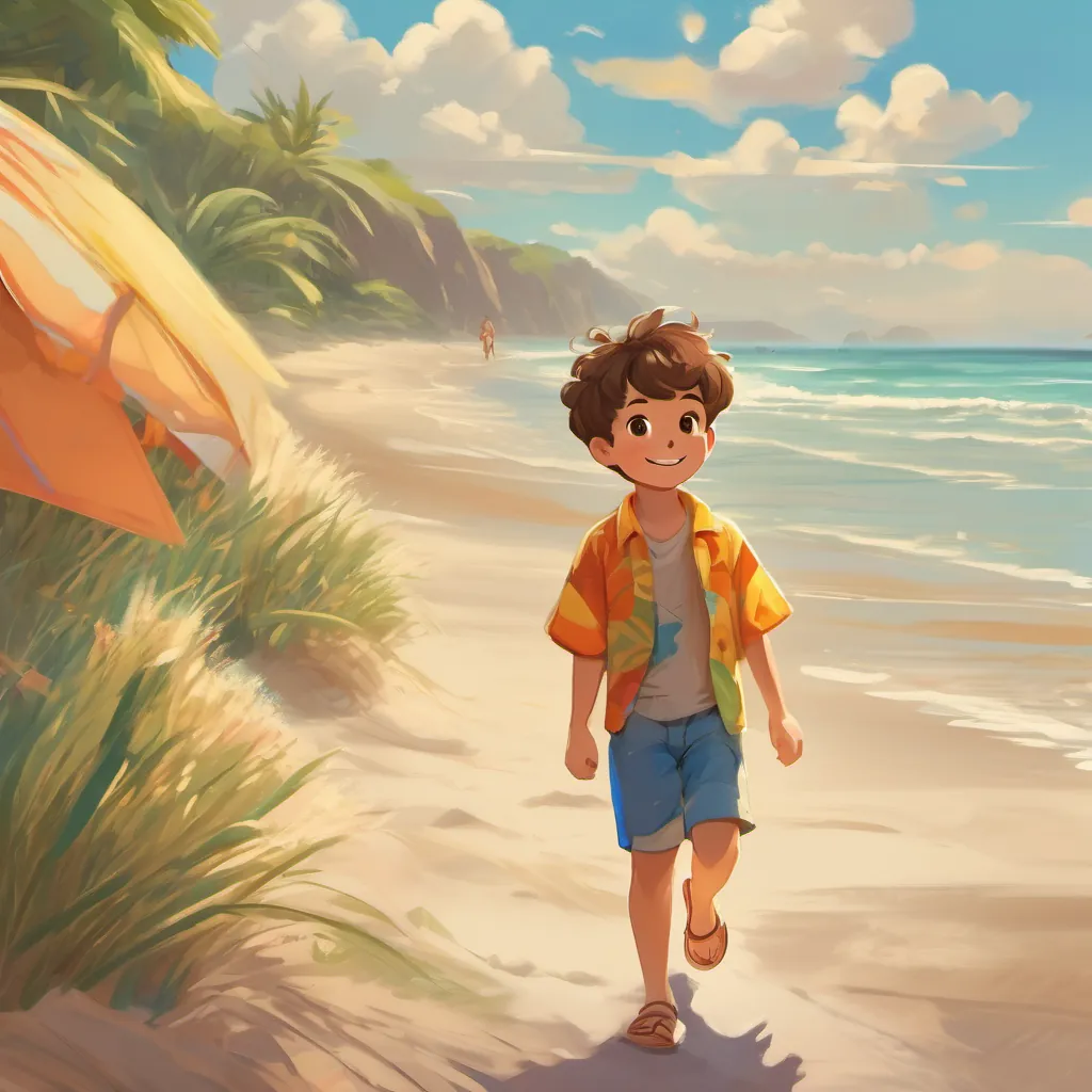 A boy named A cheerful boy with a kind heart, dressed in vibrant beachwear, with sandy brown hair and a curious look walking happily along a bright beach with golden sands and a sunny sky.