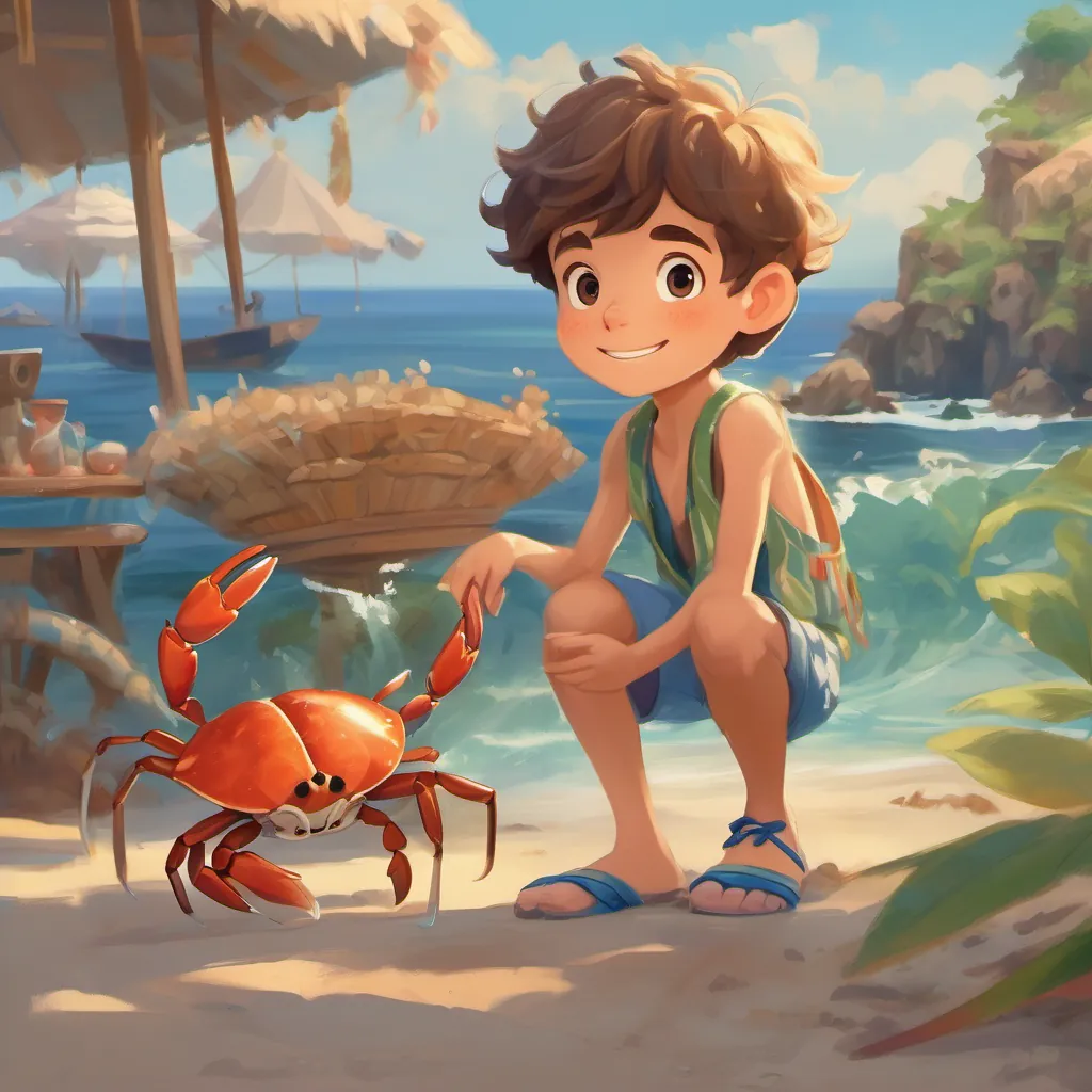 A cheerful boy with a kind heart, dressed in vibrant beachwear, with sandy brown hair and a curious look spotting a small, blue-looking crab with curious eyes.