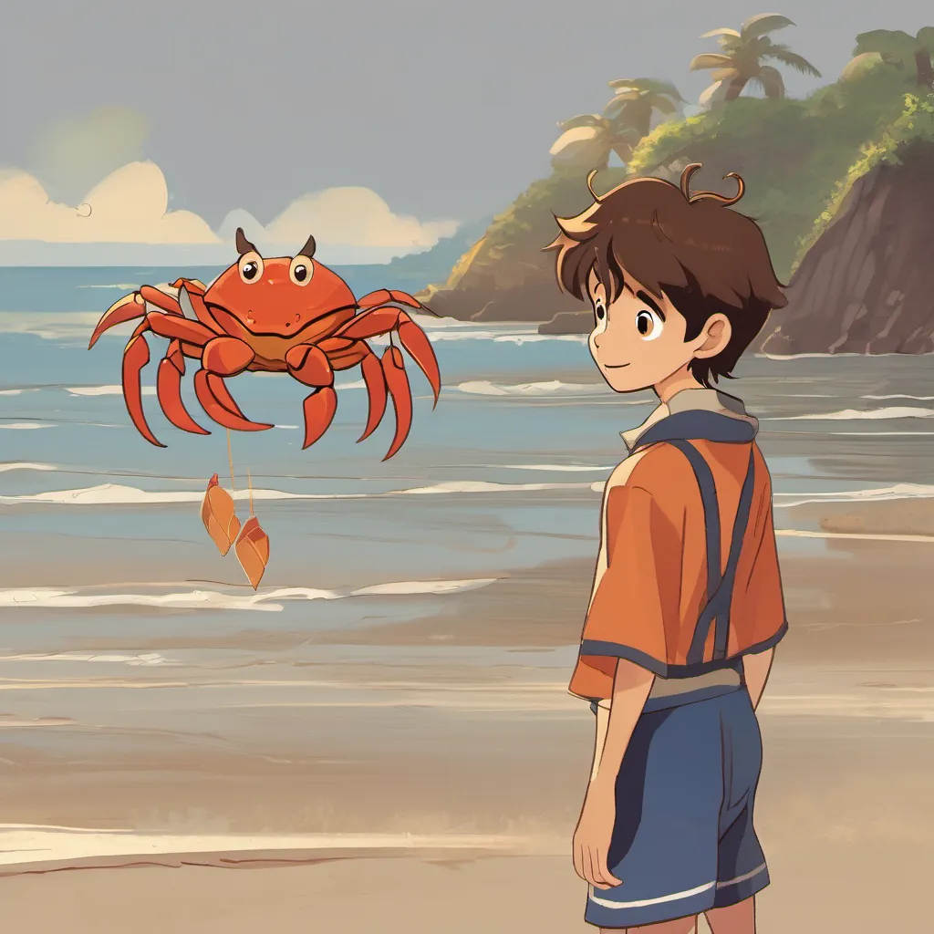 A cheerful boy with a kind heart, dressed in vibrant beachwear, with sandy brown hair and a curious look looking at the hole in the sand A small, animated crab with expressive eyes and drooping pincers, looking a bit sad but hopeful is pointing toward, both looking relieved.