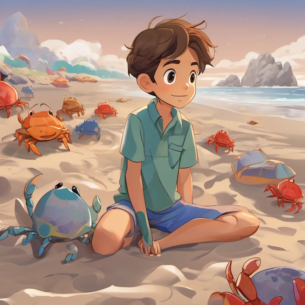 A cheerful boy with a kind heart, dressed in vibrant beachwear, with sandy brown hair and a curious look realizing that the hole in the sand is A small, animated crab with expressive eyes and drooping pincers, looking a bit sad but hopeful's home.