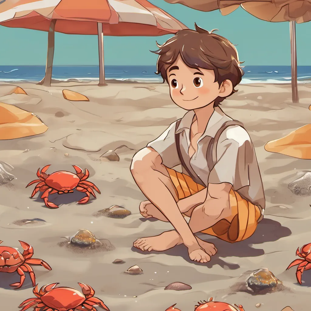 A cheerful boy with a kind heart, dressed in vibrant beachwear, with sandy brown hair and a curious look gently placing A small, animated crab with expressive eyes and drooping pincers, looking a bit sad but hopeful beside the hole in the sand.
