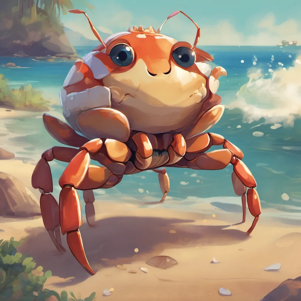 A small, animated crab with expressive eyes and drooping pincers, looking a bit sad but hopeful thanking A cheerful boy with a kind heart, dressed in vibrant beachwear, with sandy brown hair and a curious look with a smile.