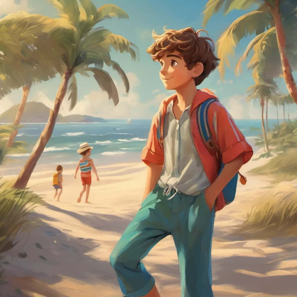 A cheerful boy with a kind heart, dressed in vibrant beachwear, with sandy brown hair and a curious look continuing his walk, with a breeze whispering around him.