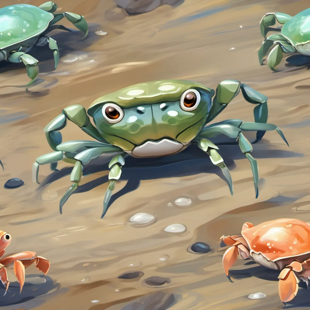 A small, animated crab with expressive eyes and drooping pincers, looking a bit sad but hopeful looking sad with drooping pincers on the shore.