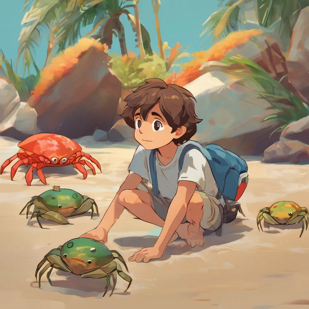 A cheerful boy with a kind heart, dressed in vibrant beachwear, with sandy brown hair and a curious look kneeling beside A small, animated crab with expressive eyes and drooping pincers, looking a bit sad but hopeful, asking him why he's sad.