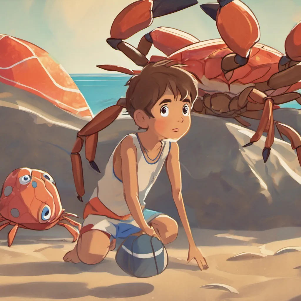 A small, animated crab with expressive eyes and drooping pincers, looking a bit sad but hopeful speaking to A cheerful boy with a kind heart, dressed in vibrant beachwear, with sandy brown hair and a curious look, looking distressed.