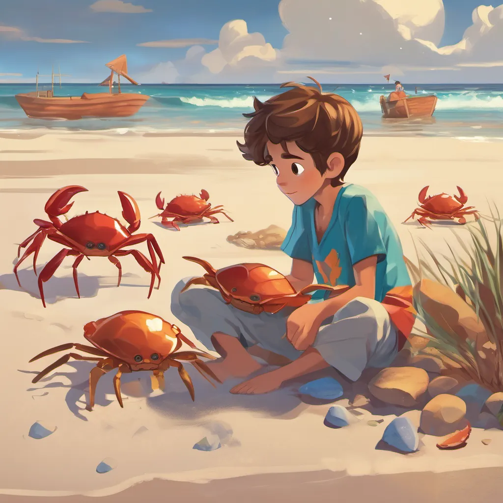 A cheerful boy with a kind heart, dressed in vibrant beachwear, with sandy brown hair and a curious look carefully picking up A small, animated crab with expressive eyes and drooping pincers, looking a bit sad but hopeful while looking determined to help.