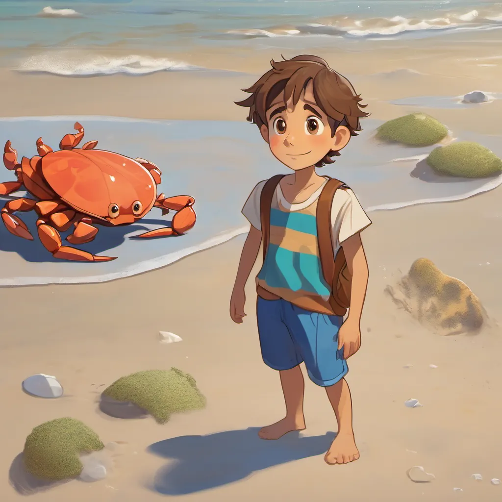 A cheerful boy with a kind heart, dressed in vibrant beachwear, with sandy brown hair and a curious look and A small, animated crab with expressive eyes and drooping pincers, looking a bit sad but hopeful moving through sandy dunes and waves, searching for the crab's home.
