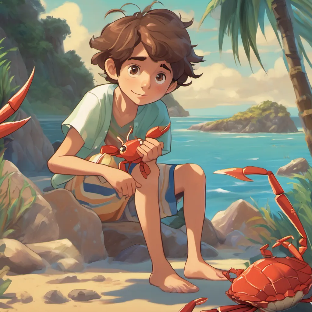 A cheerful boy with a kind heart, dressed in vibrant beachwear, with sandy brown hair and a curious look asking A small, animated crab with expressive eyes and drooping pincers, looking a bit sad but hopeful if various places are his home.