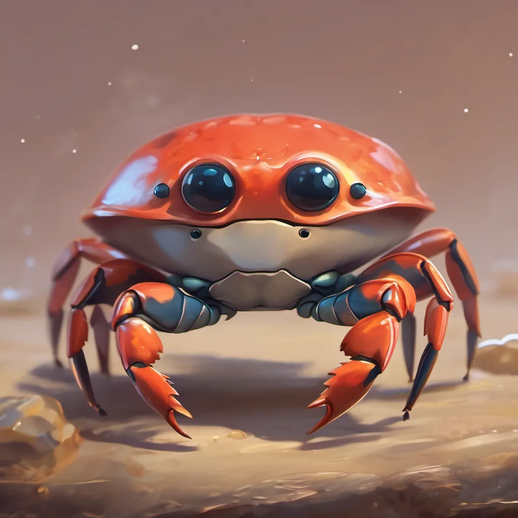 A small, animated crab with expressive eyes and drooping pincers, looking a bit sad but hopeful shaking his head at different spots, indicating they are not his home.