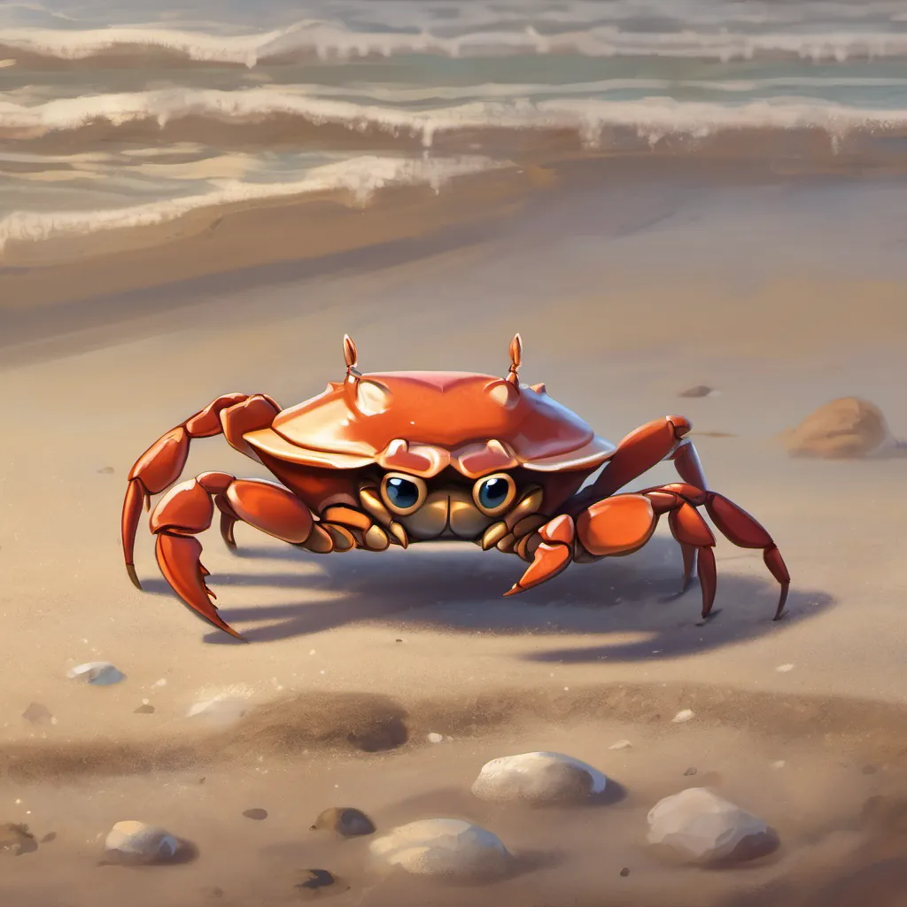 A small, animated crab with expressive eyes and drooping pincers, looking a bit sad but hopeful pointing excitedly towards a spot in the sand.