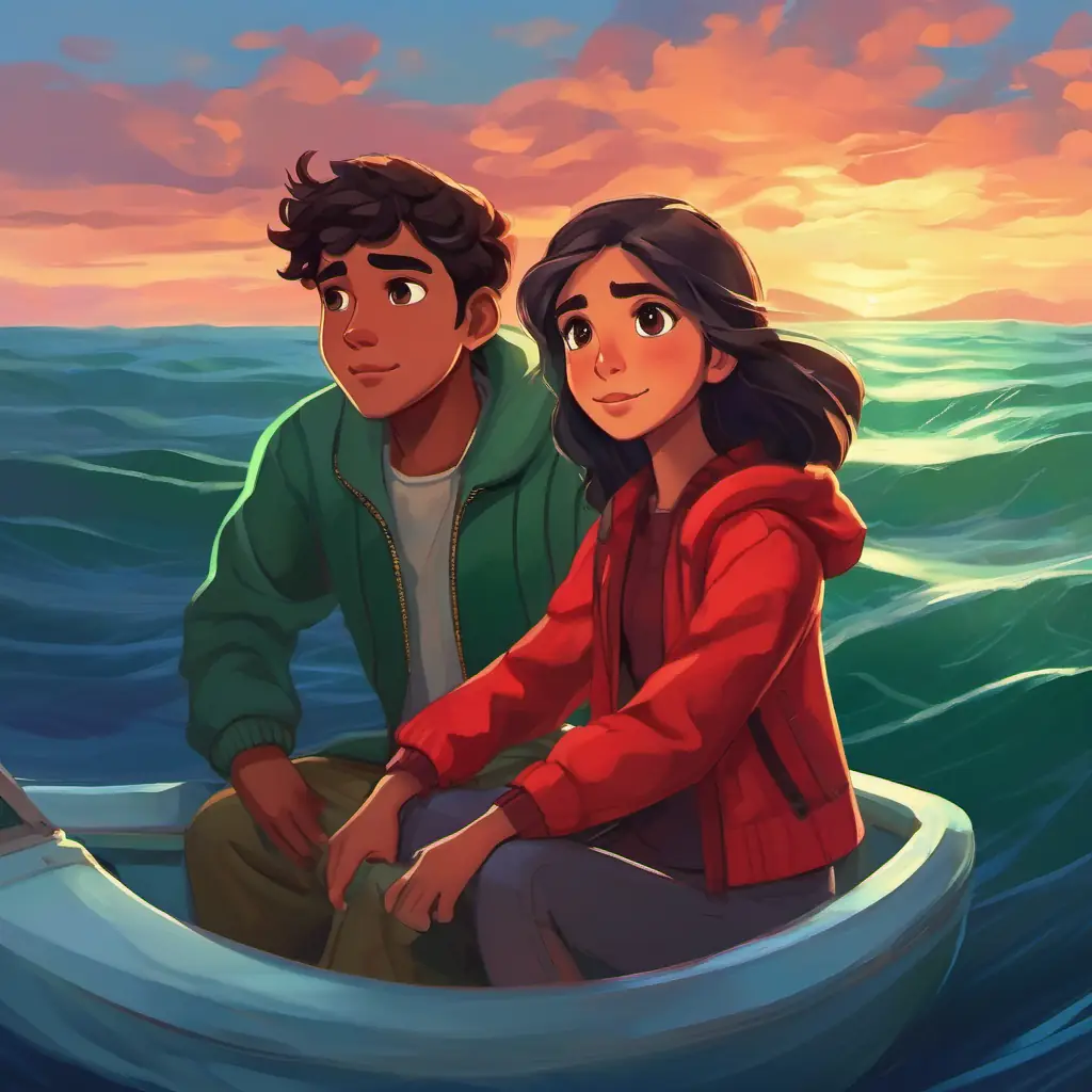 Introducing Girl with tan skin and brown eyes, wearing a red jacket and Boy with olive skin and green eyes, in a blue sweater adrift at sea, evening setting.