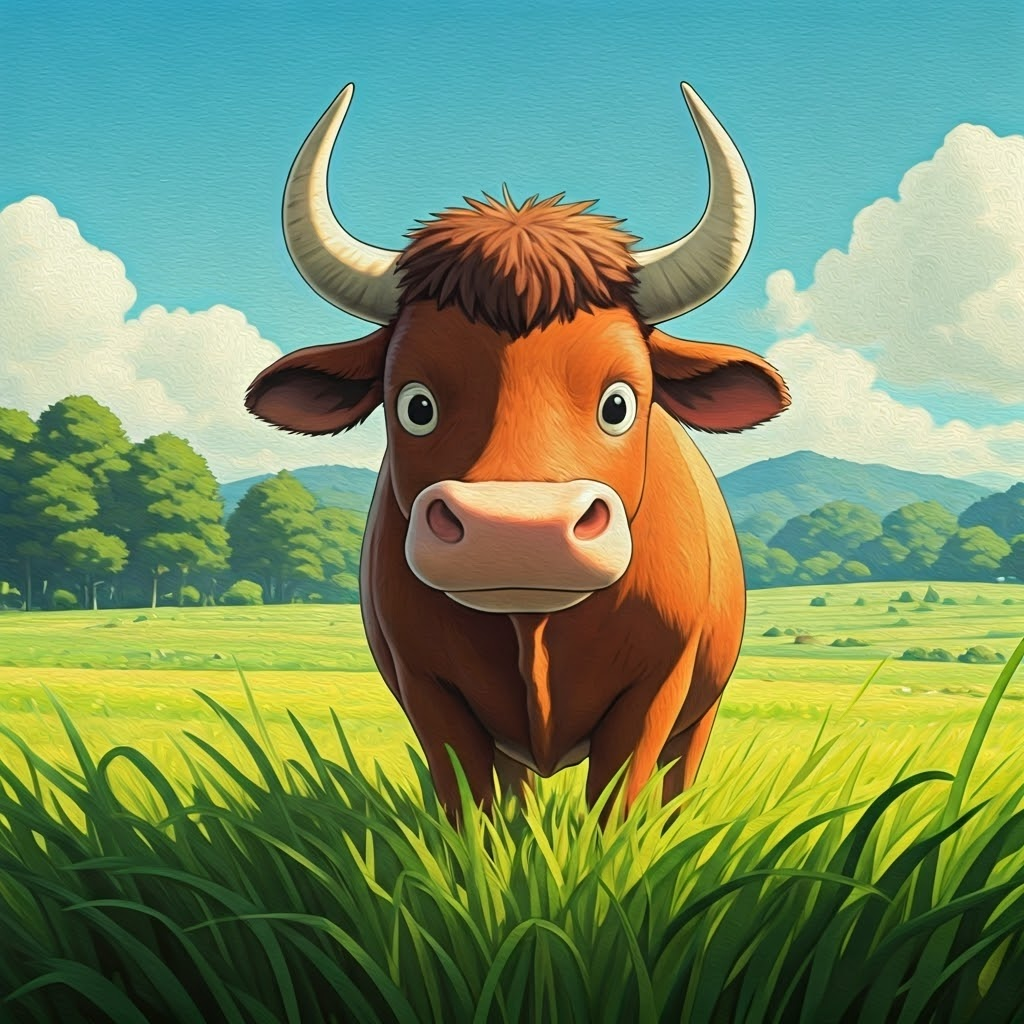 A friendly ox standing in a green field
