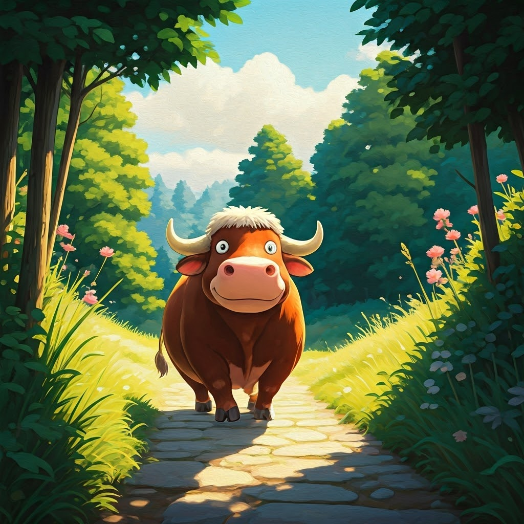 A happy ox walking on a path
