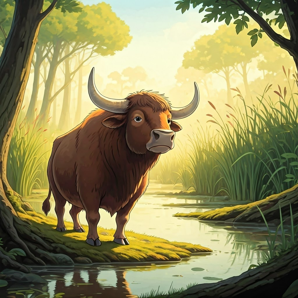An ox looking thoughtful with a swamp in the background