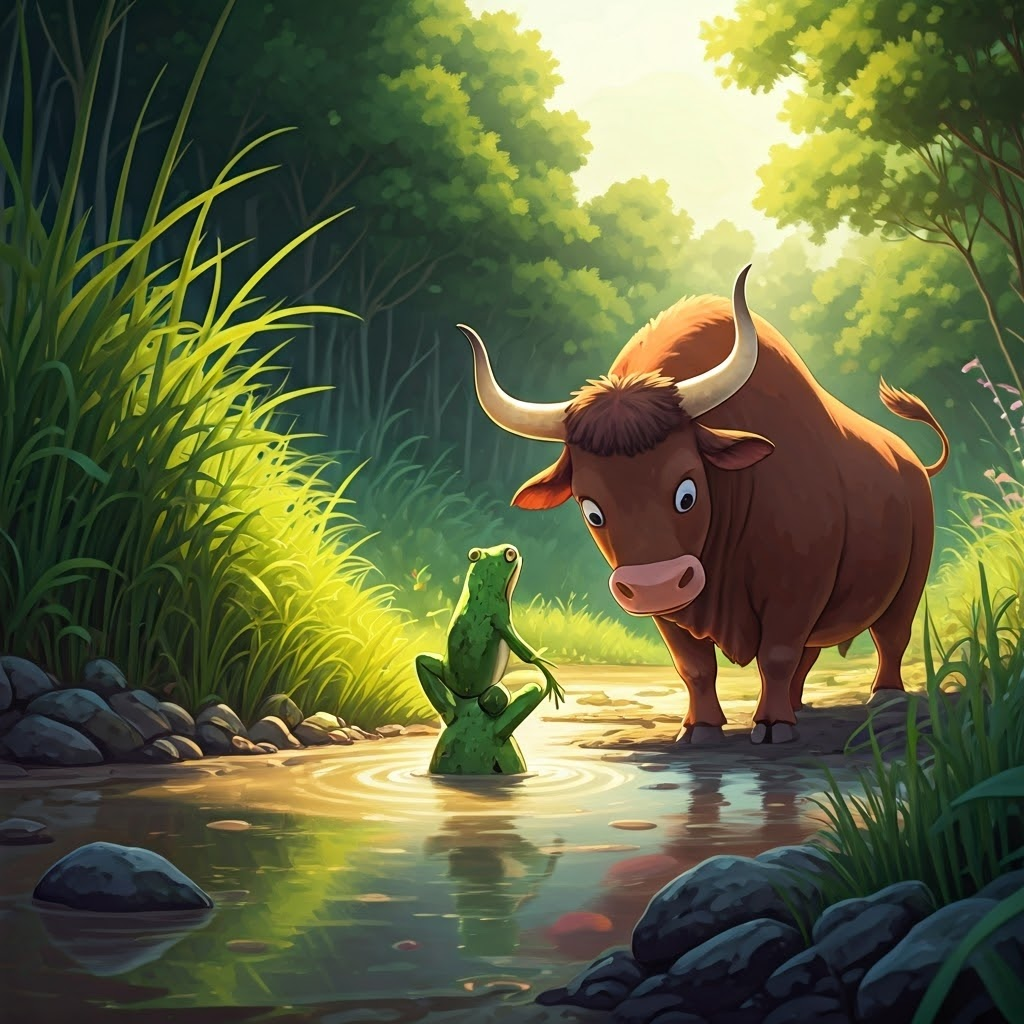 An ox helping a frog out of the mud with its horns