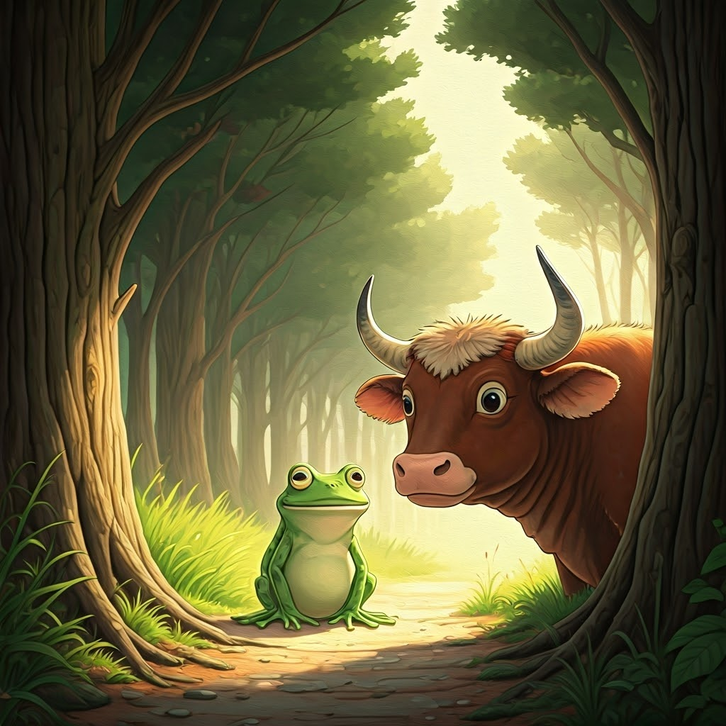 A frog smiling at the ox