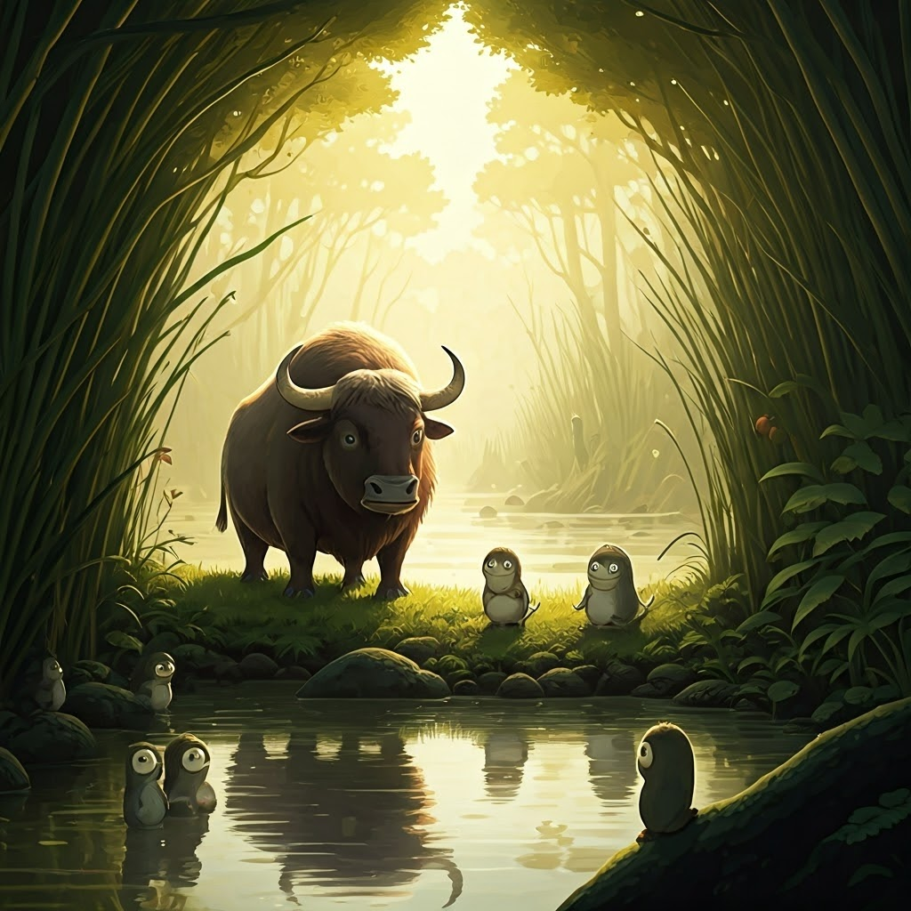 An ox and many swamp creatures playing together happily