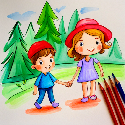 Brave boy with a red hat, blue shirt and Clever girl with a pink hat, purple dress holding hands, walking into the forest