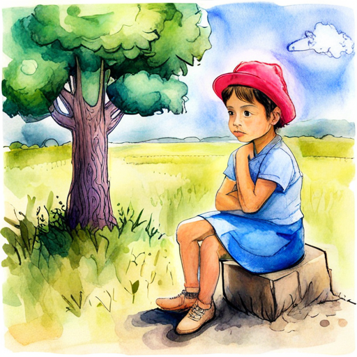 Brave boy with a red hat, blue shirt and Clever girl with a pink hat, purple dress listening to the talking tree