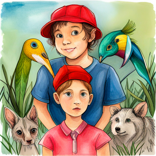 Brave boy with a red hat, blue shirt and Clever girl with a pink hat, purple dress surrounded by friendly animals