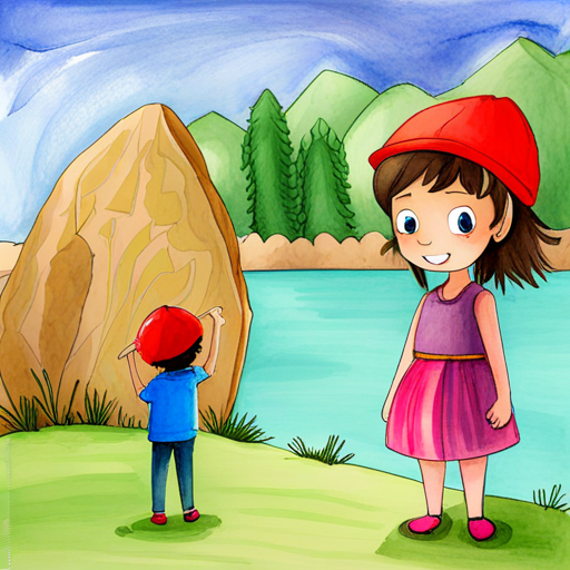 Brave boy with a red hat, blue shirt and Clever girl with a pink hat, purple dress looking at the giant boulder