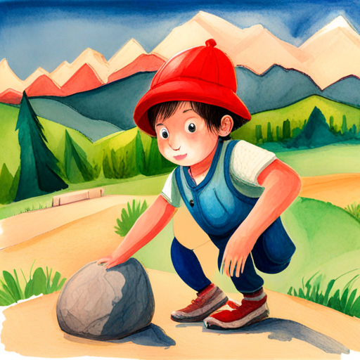 Brave boy with a red hat, blue shirt and animals pushing the boulder together