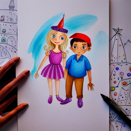 Brave boy with a red hat, blue shirt and Clever girl with a pink hat, purple dress surrounded by sparkling jewels