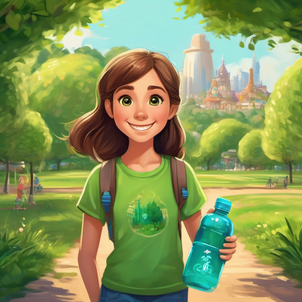 A young girl with brown hair and green eyes, wearing a green eco-friendly t-shirt holding A plastic bottle with a smiling, friendly face drawn on it, a plastic bottle with a friendly face drawn on it. The park in the background.