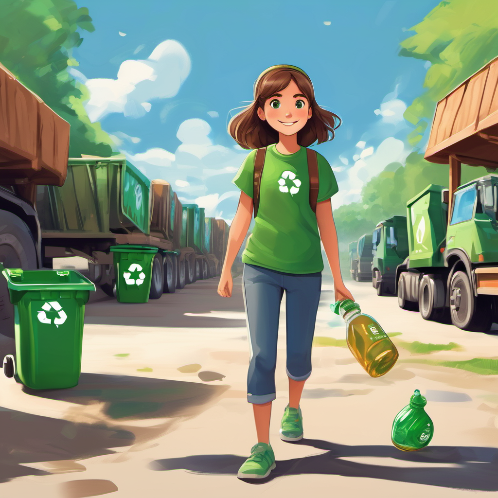 A young girl with brown hair and green eyes, wearing a green eco-friendly t-shirt and A plastic bottle with a smiling, friendly face drawn on it walking hand in hand towards a recycling center. The recycling bins and trucks can be seen in the background.