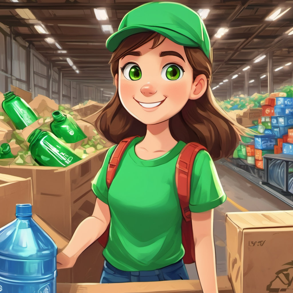 A young girl with brown hair and green eyes, wearing a green eco-friendly t-shirt and A plastic bottle with a smiling, friendly face drawn on it at the recycling center, watching the conveyor belt and different piles of sorted materials.