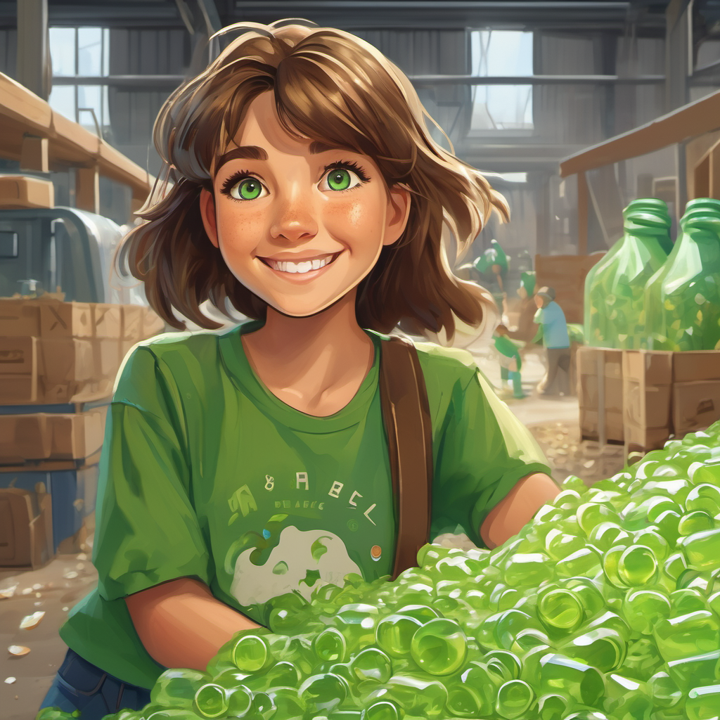 A young girl with brown hair and green eyes, wearing a green eco-friendly t-shirt and A plastic bottle with a smiling, friendly face drawn on it at the recycling plant, observing the cleaning and crushing process. Mounds of plastic flakes and newly molded bottles can be seen.