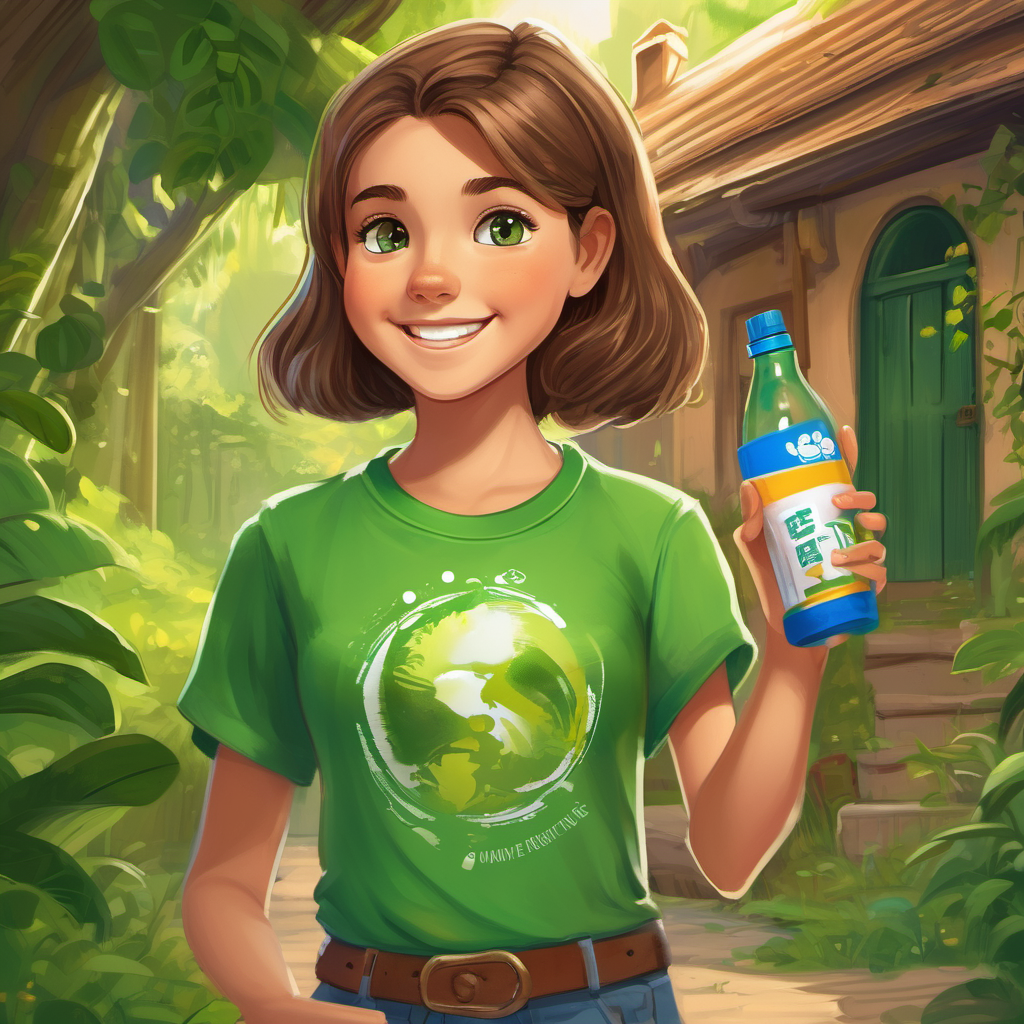 A young girl with brown hair and green eyes, wearing a green eco-friendly t-shirt holding A plastic bottle with a smiling, friendly face drawn on it, smiling with determination. The backdrop can be A young girl with brown hair and green eyes, wearing a green eco-friendly t-shirt's home, with a recycling bin outside displaying A young girl with brown hair and green eyes, wearing a green eco-friendly t-shirt's commitment to recycling.