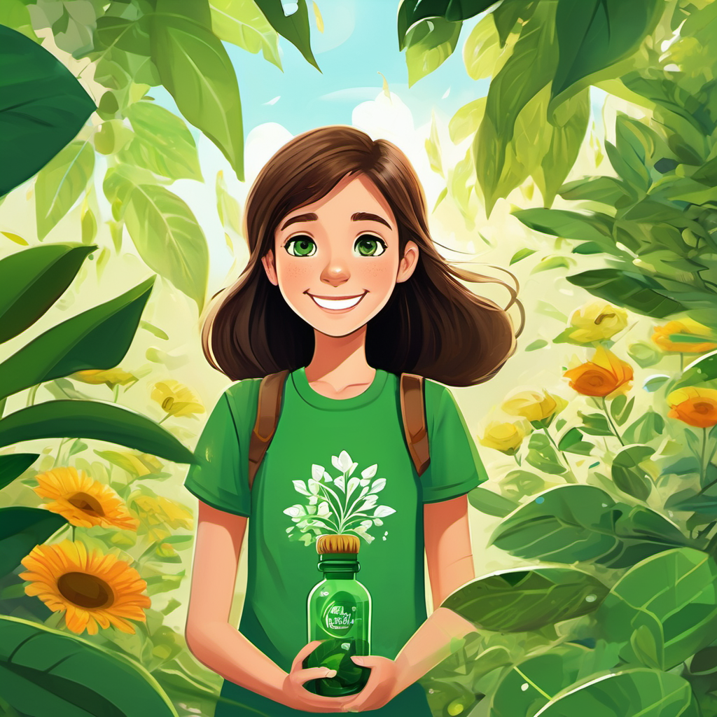 A young girl with brown hair and green eyes, wearing a green eco-friendly t-shirt and A plastic bottle with a smiling, friendly face drawn on it hand in hand, surrounded by happy and grateful people from their community. The environment is thriving with plants and clean air.