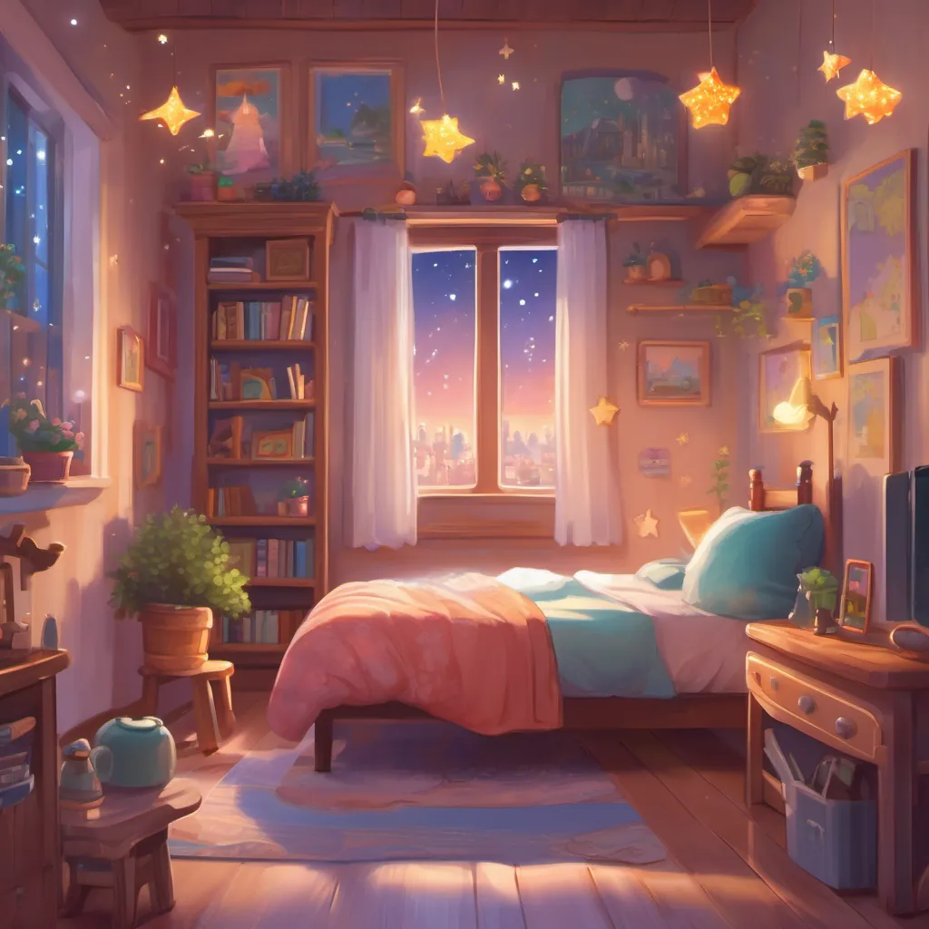 A whimsical cityscape with twinkling stars and a young girl in pajamas dreaming in her cozy bedroom.