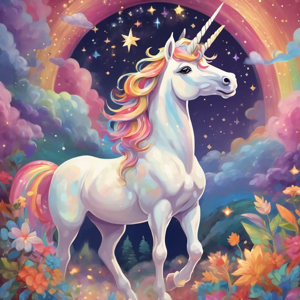 A stunning unicorn with rainbow mane and starry wings appearing in a dream-like setting.