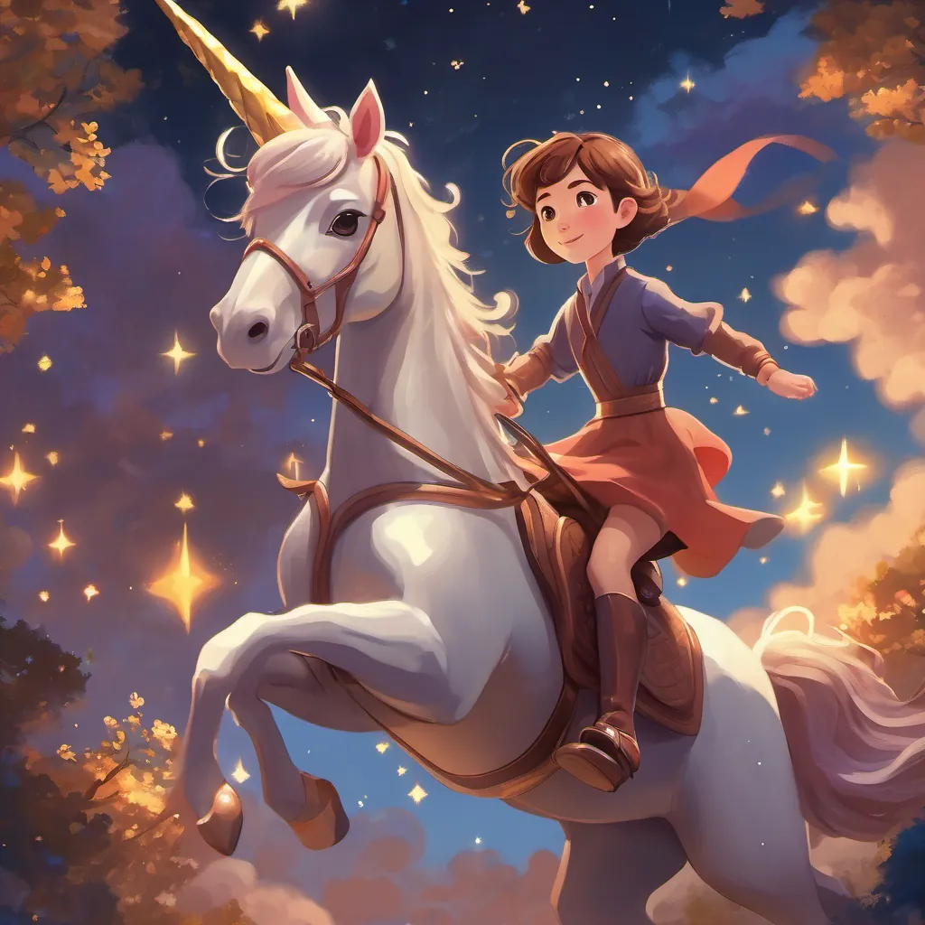 Nariah joyfully riding the unicorn as they ascend into a starlit sky.