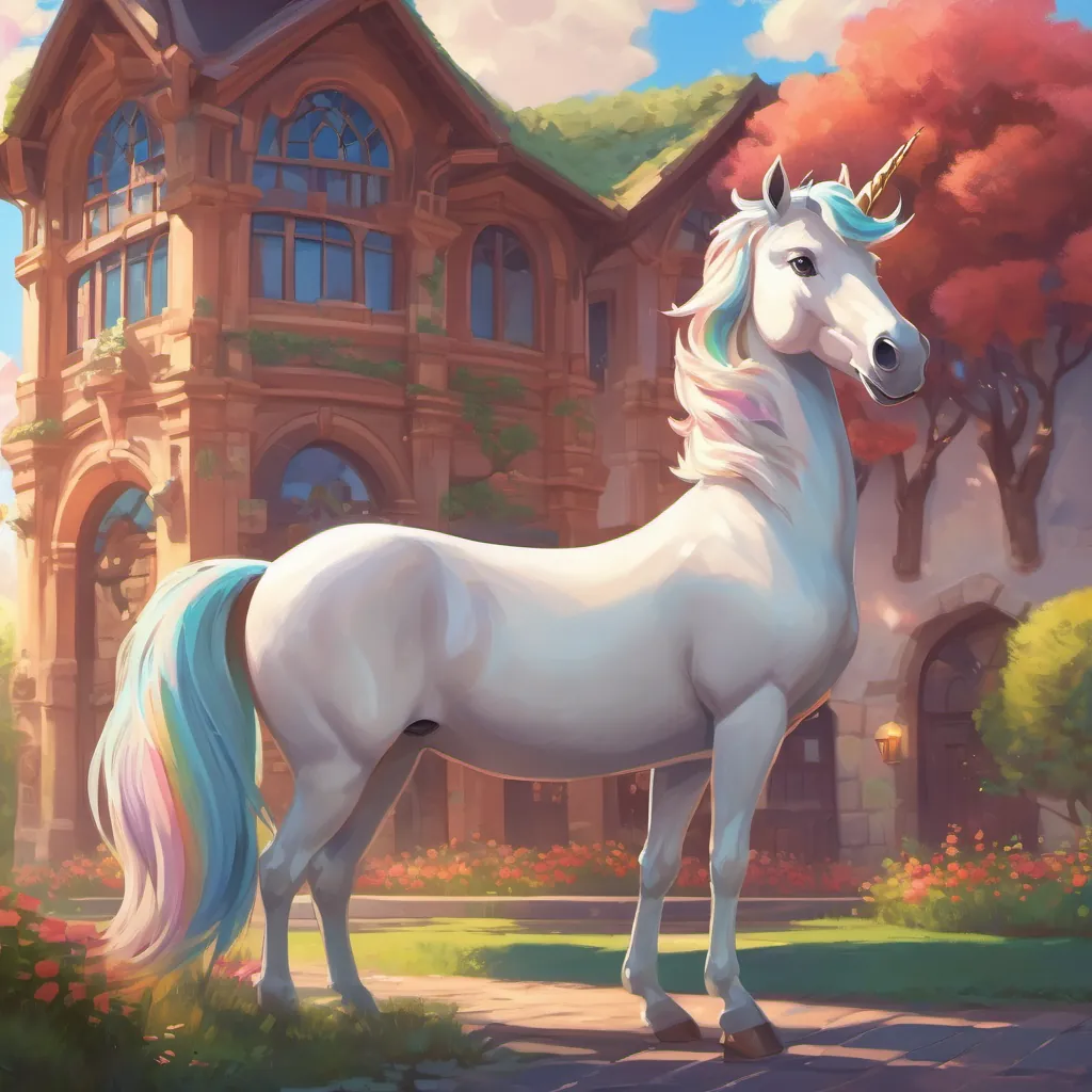 A unicorn standing proudly next to a charming school building.