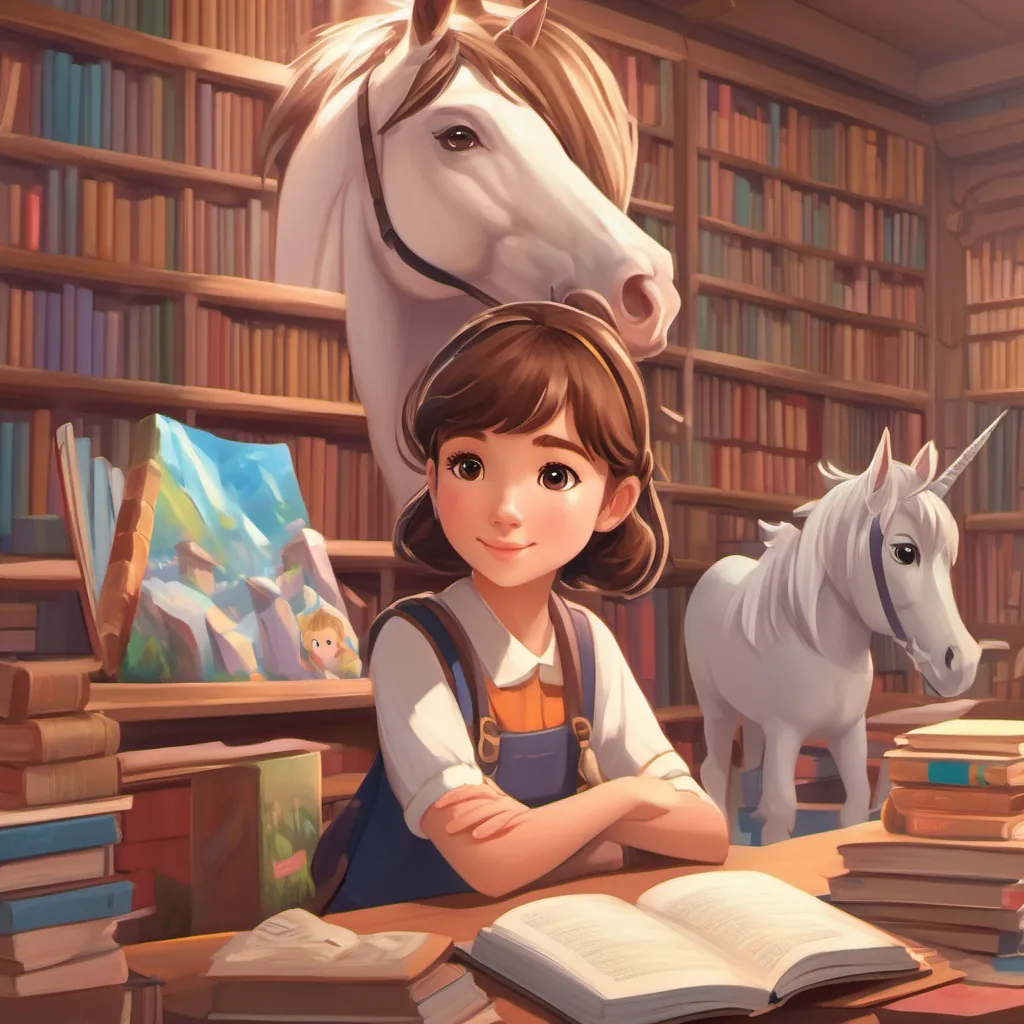 A classroom scene with Nariah, children, and a playful unicorn surrounded by books.