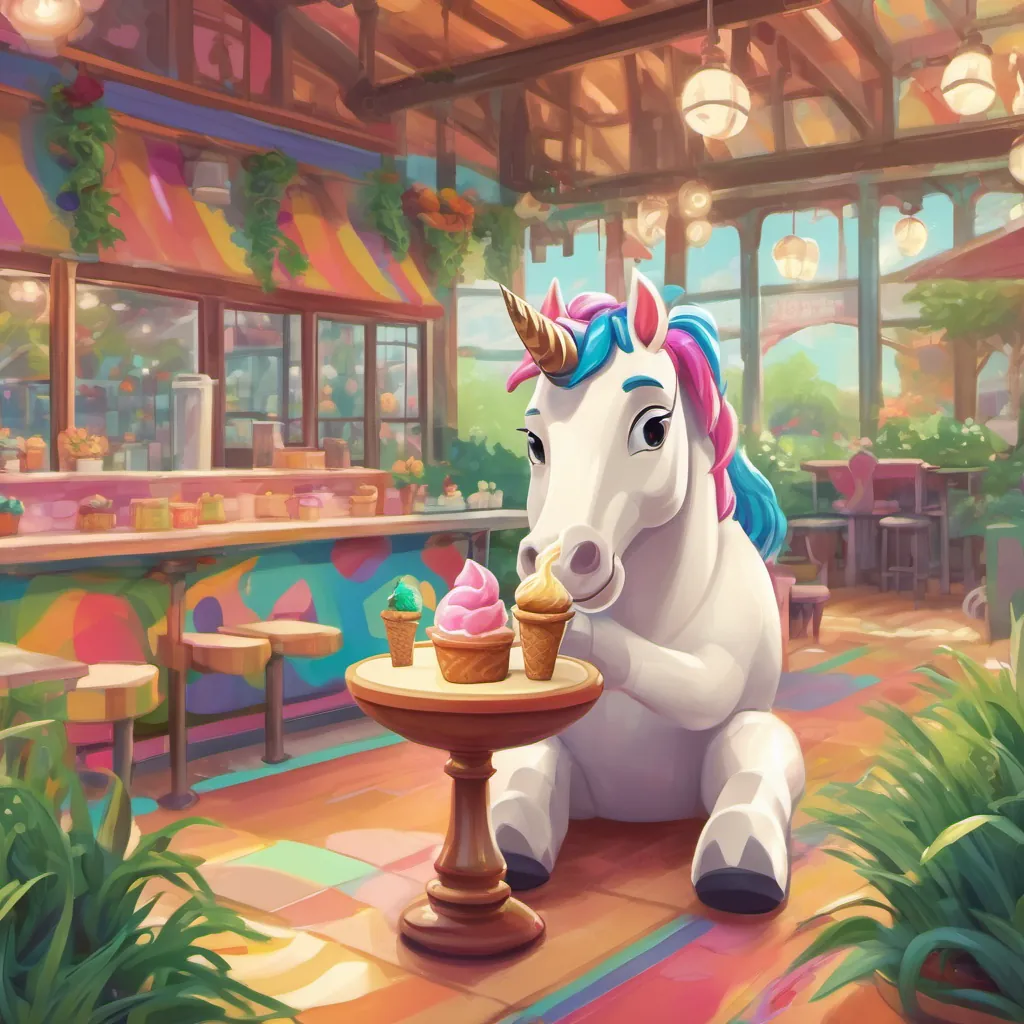 A friendly unicorn enjoying a quirky grass ice cream cone at a colorful cafeteria.