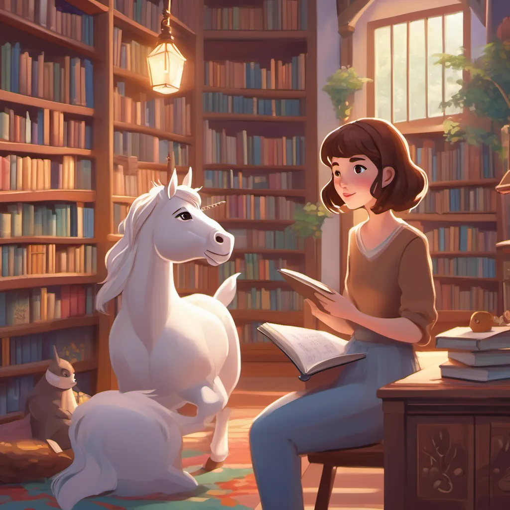 A cozy library scene with bookshelves and Nariah reading with an attentive unicorn.