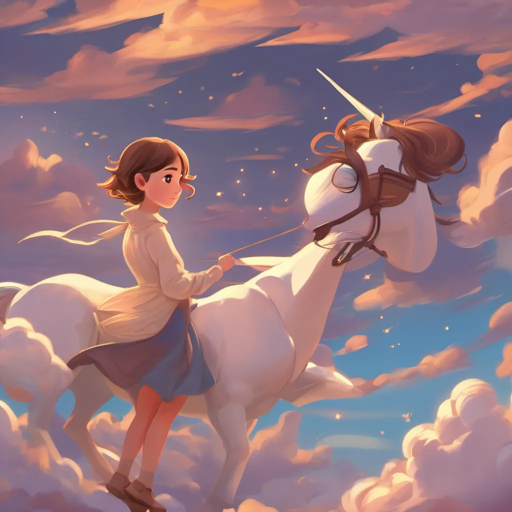 A dreamlike sky with a flying unicorn and Nariah enjoying the evening breeze.