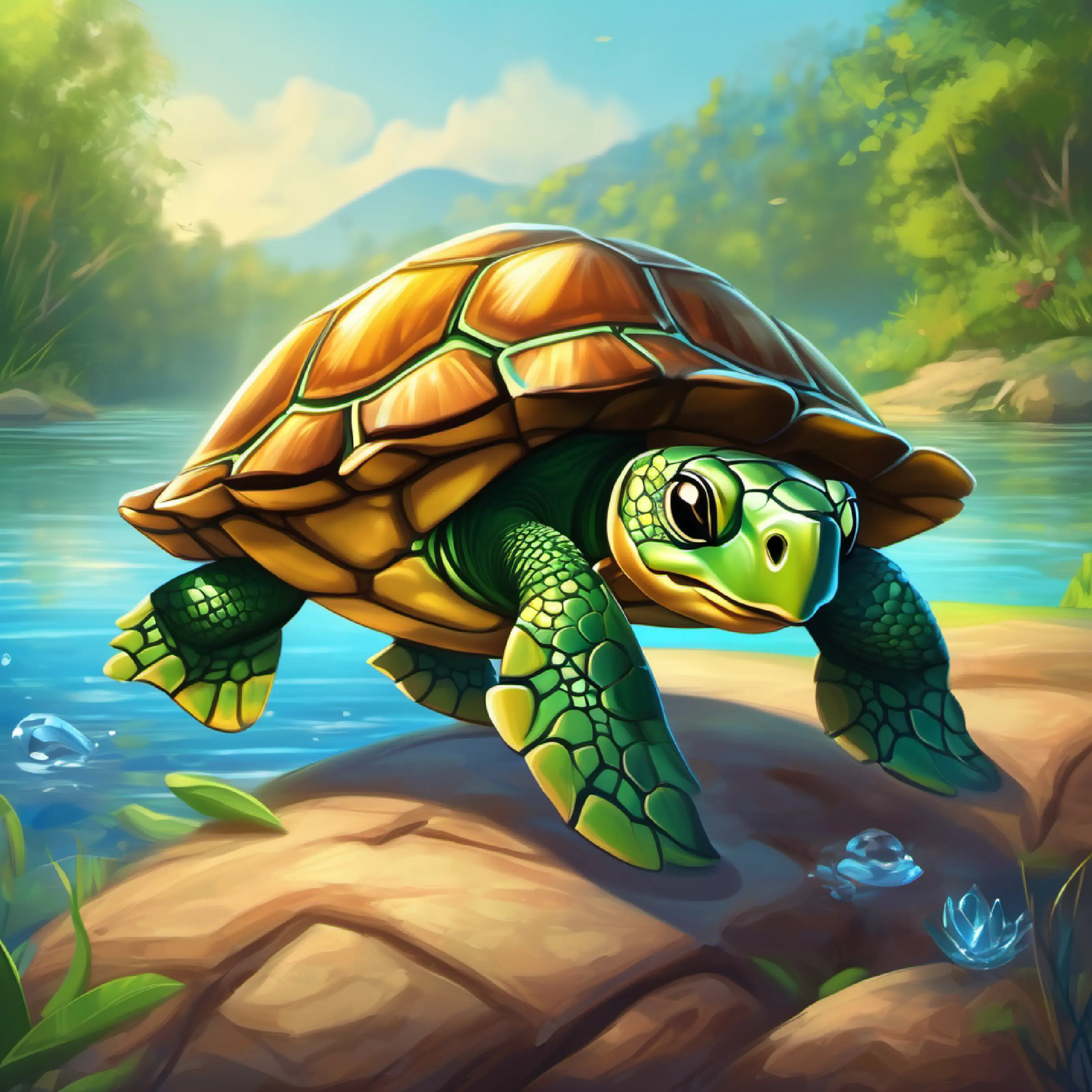 Little green turtle with a brown shell, loves laughter and games the turtle arrives by A sparkling river with crystal clear water and a playful personality the river.
