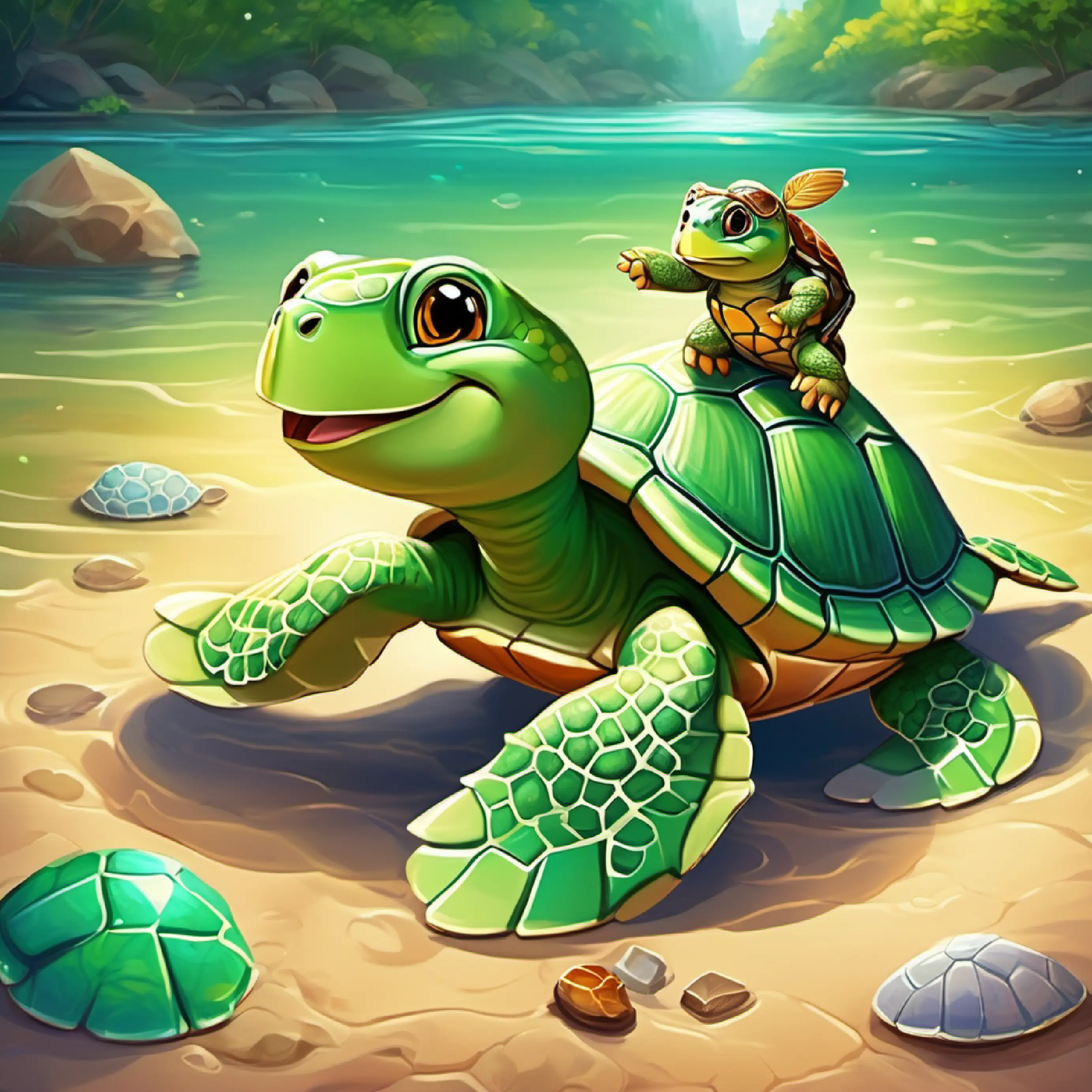 A sparkling river with crystal clear water and a playful personality plays with Little green turtle with a brown shell, loves laughter and games and suggests a game.