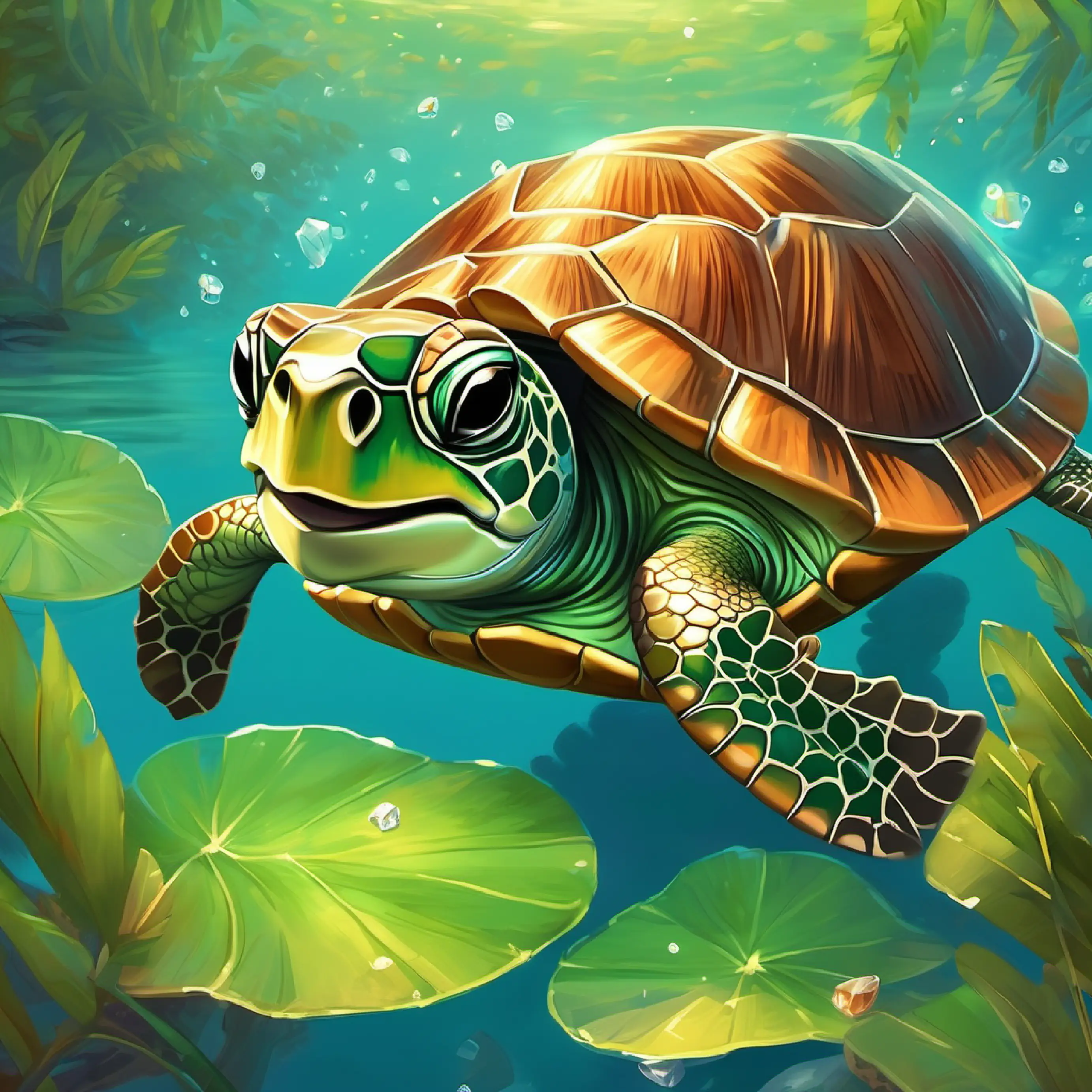 Little green turtle with a brown shell, loves laughter and games agrees to race leaves on A sparkling river with crystal clear water and a playful personality.