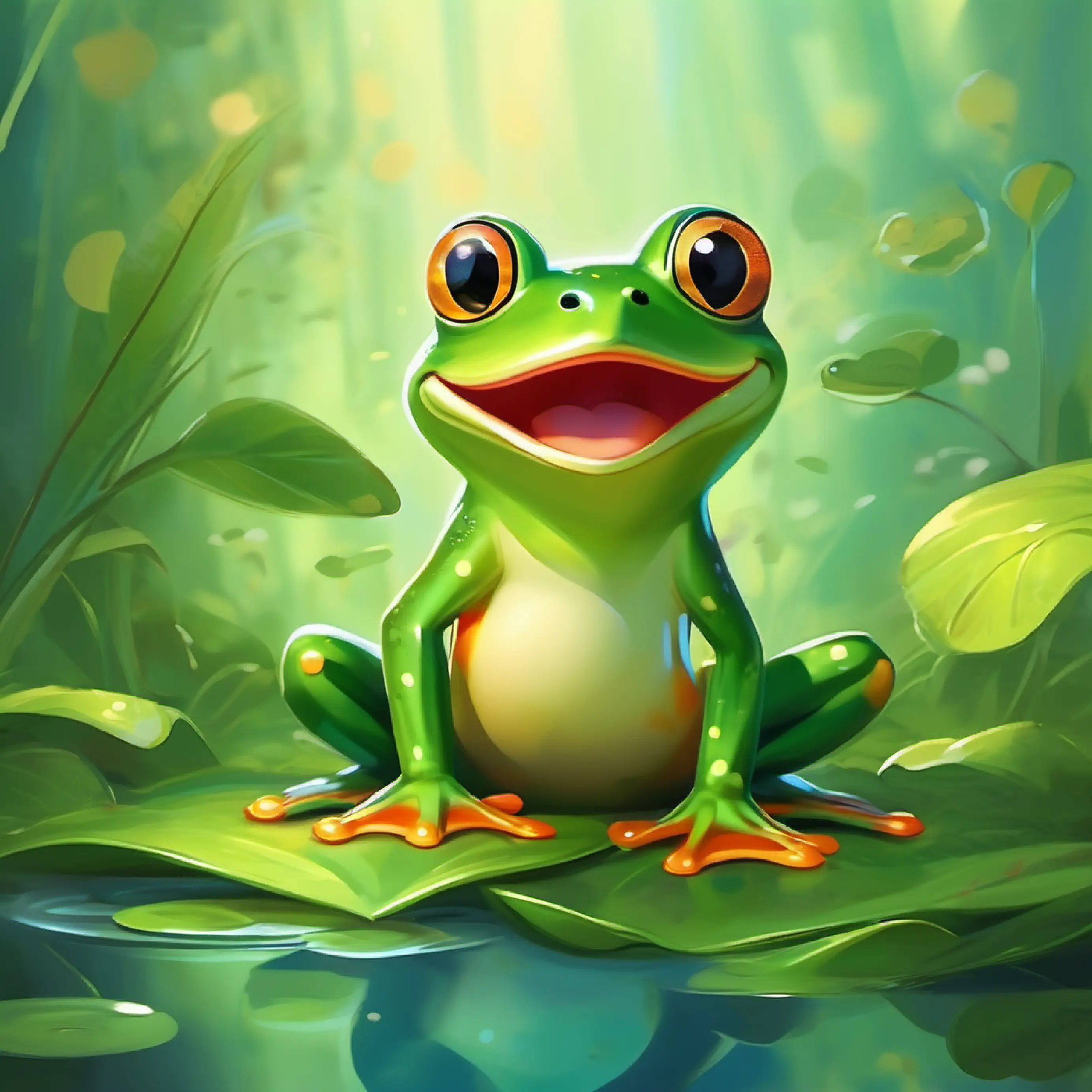 Cheerful green frog with bright eyes, enjoys hopping and playing the frog joins the leaf race.