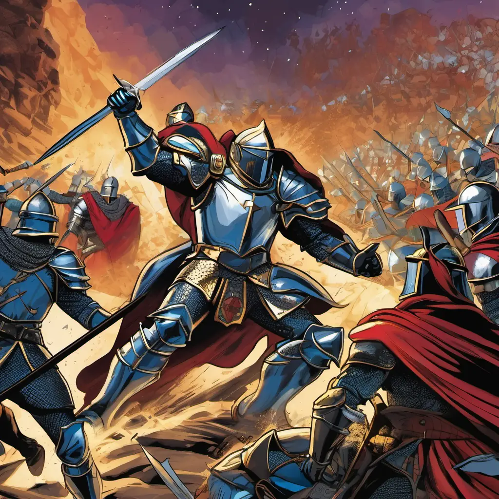 Orion leads crusade, knights' armors reflect collective resolve.