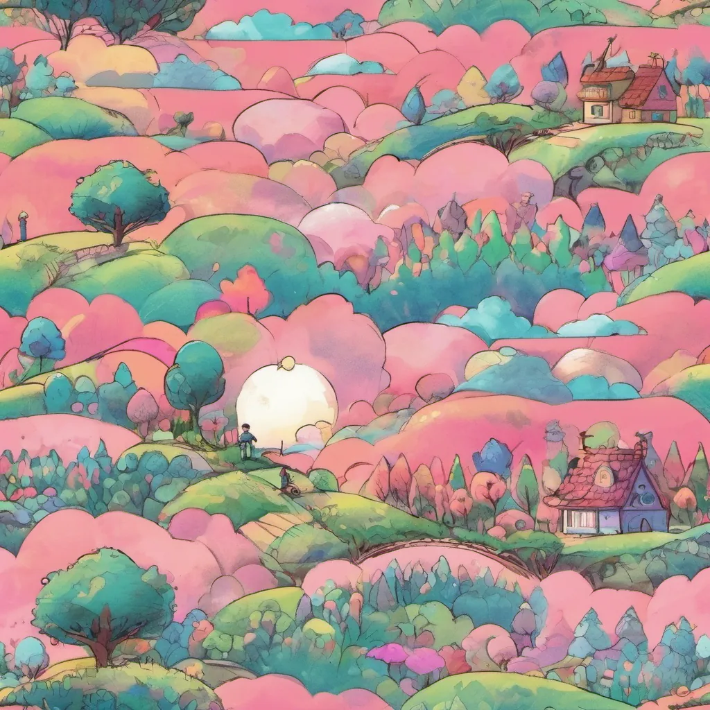 A whimsical world with pink skies and blue grass, featuring a cheerful boy named A cheerful boy with a kind heart, living in a whimsical world.